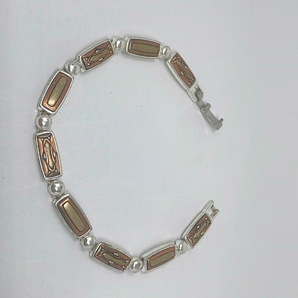 Signed Liz Claiborne Silver Tone Link Bracelet Copper & Brass Finish Damascene